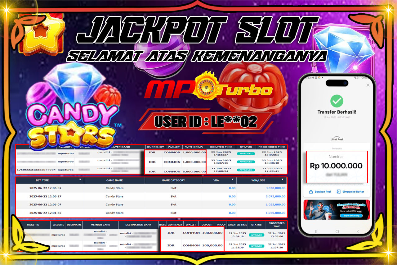 MPOTURBO JACKPOT SLOT CANDY STARS - PRAGMATIC PLAY Rp 10,000,000.00,- LUNAS